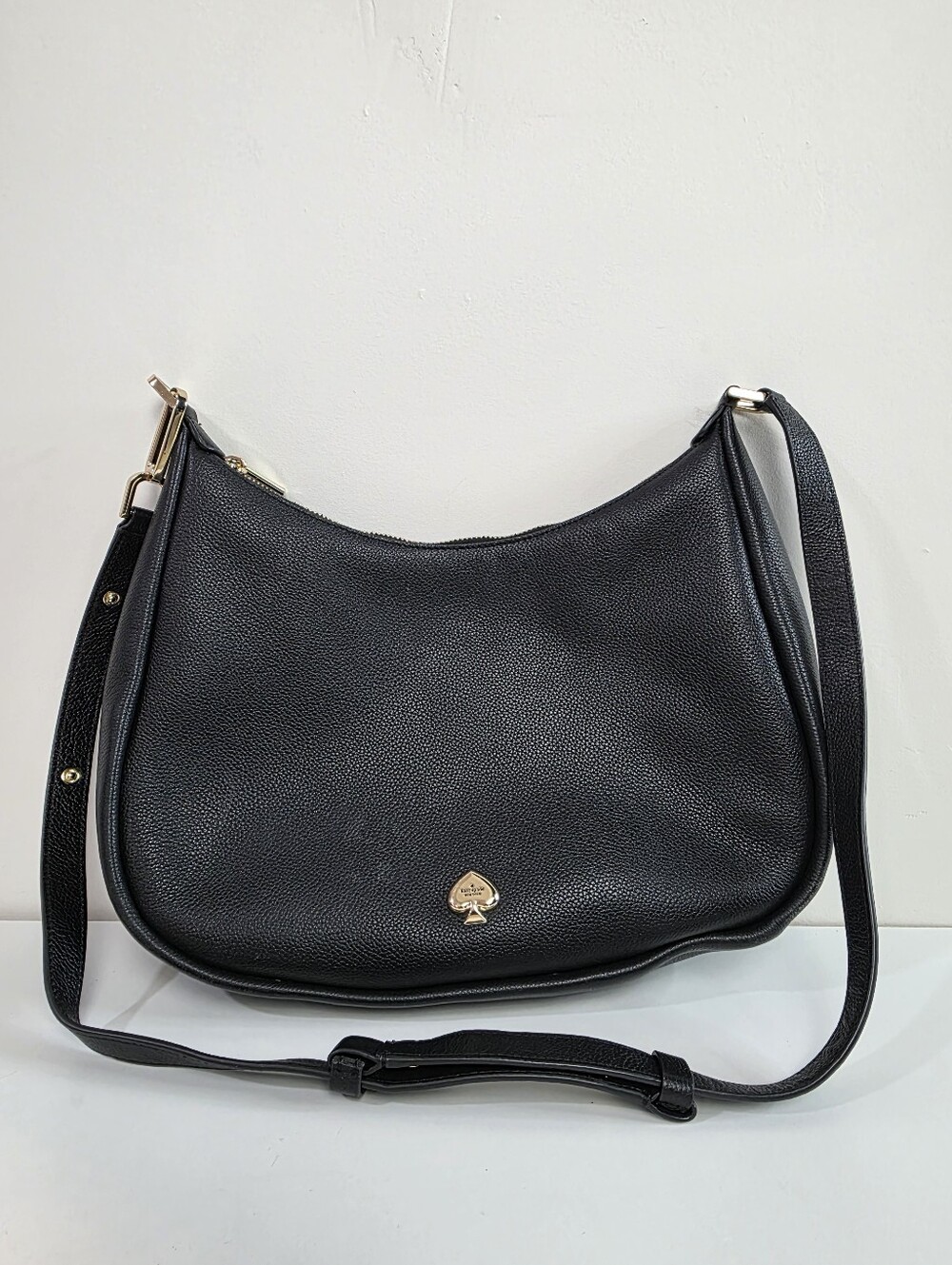 kate spade Kayla Black Pebbled Leather Shoulder Hobo with Gold Spade Accent
